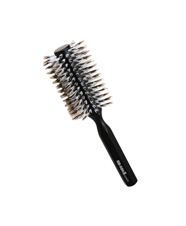 Hairbrush with black handle and bristles on a white background